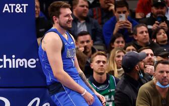 DALLAS, TX - FEBRUARY 8: Luka Doncic #77 of the Dallas Mavericks reacts after being called for a technical foul against the Detroit Pistons in the first half at American Airlines Center on February 8, 2022 in Dallas, Texas. NOTE TO USER: User expressly acknowledges and agrees that, by downloading and or using this photograph, User is consenting to the terms and conditions of the Getty Images License Agreement. (Photo by Ron Jenkins/Getty Images) 