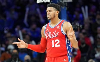 PHILADELPHIA, PA - FEBRUARY 8: Tobias Harris #12 of the Philadelphia 76ers reacts during a game against the Phoenix Suns on February 8, 2022 at Wells Fargo Center in Philadelphia, Pennsylvania. NOTE TO USER: User expressly acknowledges and agrees that, by downloading and/or using this Photograph, user is consenting to the terms and conditions of the Getty Images License Agreement. Mandatory Copyright Notice: Copyright 2022 NBAE (Photo by Jesse D. Garrabrant/NBAE via Getty Images) 
