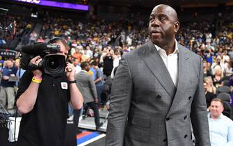 LAS VEGAS, NEVADA - OCTOBER 10:  Los Angeles Lakers president of basketball operations Earvin "Magic" Johnson arrives at the Lakers' preseason game against the Golden State Warriors at T-Mobile Arena on October 10, 2018 in Las Vegas, Nevada. The Lakers defeated the Warriors 123-113. NOTE TO USER: User expressly acknowledges and agrees that, by downloading and or using this photograph, User is consenting to the terms and conditions of the Getty Images License Agreement.  (Photo by Ethan Miller/Getty Images)