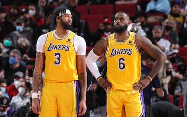 PORTLAND, OR - FEBRUARY 9: LeBron James #6 and Anthony Davis #3 of the Los Angeles Lakers look on during the game against the Portland Trail Blazers on February 9, 2022 at the Moda Center Arena in Portland, Oregon. NOTE TO USER: User expressly acknowledges and agrees that, by downloading and or using this photograph, user is consenting to the terms and conditions of the Getty Images License Agreement. Mandatory Copyright Notice: Copyright 2022 NBAE (Photo by Sam Forencich/NBAE via Getty Images)