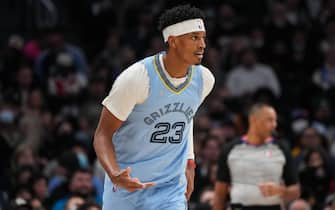 DENVER, CO - JANUARY 21: Jarrett Culver #23 of the Memphis Grizzlies reacts to a three point shot against the Denver Nuggets at Ball Arena on January 21, 2022 in Denver, Colorado. NOTE TO USER: User expressly acknowledges and agrees that, by downloading and or using this photograph, User is consenting to the terms and conditions of the Getty Images License Agreement. (Photo by Ethan Mito/Clarkson Creative/Getty Images)