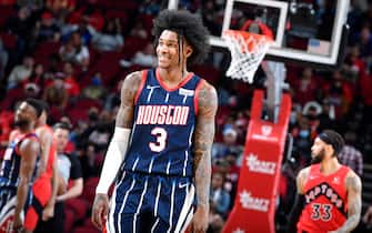 HOUSTON, TX - FEBRUARY 10: Kevin Porter Jr. #3 of the Houston Rockets smiles during the game against the Toronto Raptors on February 10, 2022 at the Toyota Center in Houston, Texas. NOTE TO USER: User expressly acknowledges and agrees that, by downloading and or using this photograph, User is consenting to the terms and conditions of the Getty Images License Agreement. Mandatory Copyright Notice: Copyright 2022 NBAE (Photo by Logan Riely/NBAE via Getty Images)
