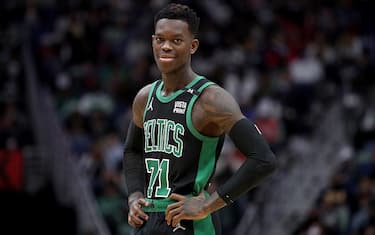NEW ORLEANS, LOUISIANA - JANUARY 29: Dennis Schroder #71 of the Boston Celtics stands on the court during the third quarter of an NBA game against the New Orleans Pelicans at Smoothie King Center on January 29, 2022 in New Orleans, Louisiana. NOTE TO USER: User expressly acknowledges and agrees that, by downloading and or using this photograph, User is consenting to the terms and conditions of the Getty Images License Agreement. (Photo by Sean Gardner/Getty Images)