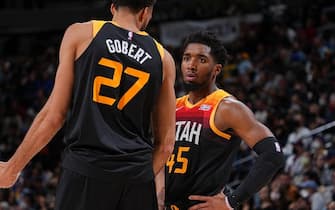 DENVER, CO - JANUARY 16: Donovan Mitchell #45 of the Utah Jazz talks to Rudy Gobert #27 of the Utah Jazz during the game against the Denver Nuggets on January 16, 2022 at the Ball Arena in Denver, Colorado. NOTE TO USER: User expressly acknowledges and agrees that, by downloading and/or using this Photograph, user is consenting to the terms and conditions of the Getty Images License Agreement. Mandatory Copyright Notice: Copyright 2022 NBAE (Photo by Bart Young/NBAE via Getty Images)