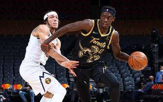 TORONTO, CANADA - FEBRUARY 12: Pascal Siakam #43 of the Toronto Raptors drives to the basket during the game against the Denver Nuggets on February 12, 2022 at the Scotiabank Arena in Toronto, Ontario, Canada.  NOTE TO USER: User expressly acknowledges and agrees that, by downloading and or using this Photograph, user is consenting to the terms and conditions of the Getty Images License Agreement.  Mandatory Copyright Notice: Copyright 2022 NBAE (Photo by Vaughn Ridley/NBAE via Getty Images)