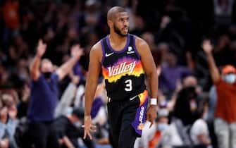 PHOENIX, ARIZONA - FEBRUARY 15: Chris Paul #3 of the Phoenix Suns reacts after making a three point basket during the second half against the Los Angeles Clippers at Footprint Center on February 15, 2022 in Phoenix, Arizona. NOTE TO USER: User expressly acknowledges and agrees that, by downloading and or using this photograph, User is consenting to the terms and conditions of the Getty Images License Agreement. (Photo by Chris Coduto/Getty Images)