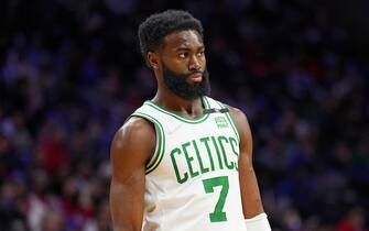 PHILADELPHIA, PA - FEBRUARY 15: Jaylen Brown #7 of the Boston Celtics looks on during a game against the Philadelphia 76ers on February 15, 2022 at Wells Fargo Center in Philadelphia, Pennsylvania. NOTE TO USER: User expressly acknowledges and agrees that, by downloading and/or using this Photograph, user is consenting to the terms and conditions of the Getty Images License Agreement. Mandatory Copyright Notice: Copyright 2022 NBAE (Photo by Jesse D. Garrabrant/NBAE via Getty Images) 