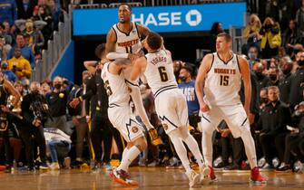 SAN FRANCISCO, CA - FEBRUARY 16:  Monte Morris #11 of the Denver Nuggets celebrates a game winning three-point basket during the game against the Golden State Warriors on February 16, 2022 at Chase Center in San Francisco, California. NOTE TO USER: User expressly acknowledges and agrees that, by downloading and or using this photograph, user is consenting to the terms and conditions of Getty Images License Agreement. Mandatory Copyright Notice: Copyright 2022 NBAE (Photo by Jed Jacobsohn/NBAE via Getty Images)