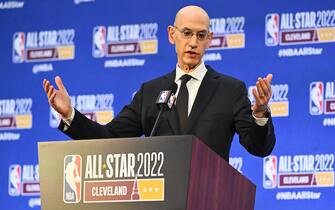 CLEVELAND, OHIO - FEBRUARY 19: NBA Commissioner Adam Silver speaks to the media during a press conference as part of the 2022 All-Star Weekend at Rocket Mortgage Fieldhouse on February 19, 2022 in Cleveland, Ohio. NOTE TO USER: User expressly acknowledges and agrees that, by downloading and or using this photograph, User is consenting to the terms and conditions of the Getty Images License Agreement. (Photo by Jason Miller/Getty Images)
