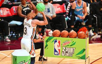 CLEVELAND, OHIO - FEBRUARY 19: CJ McCollum #3 of the Portland Trail Blazers attempts a shot in the 2022 NBA All-Star - MTN DEW 3-Point Contest as part of the 2022 All-Star Weekend at Rocket Mortgage Fieldhouse on February 19, 2022 in Cleveland, Ohio. NOTE TO USER: User expressly acknowledges and agrees that, by downloading and or using this photograph, User is consenting to the terms and conditions of the Getty Images License Agreement. (Photo by Jason Miller/Getty Images)
