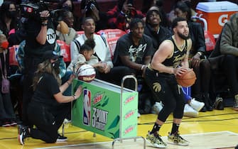 CLEVELAND, OH - FEBRUARY 19: Fred VanVleet #23 of the Toronto Raptors shoots a three point basket during the MTN DEW 3-Point Contest as part of 2022 NBA All Star Weekend on February 19, 2022 at Rocket Mortgage FieldHouse in Cleveland, Ohio. NOTE TO USER: User expressly acknowledges and agrees that, by downloading and/or using this Photograph, user is consenting to the terms and conditions of the Getty Images License Agreement. Mandatory Copyright Notice: Copyright 2022 NBAE (Photo by Jeff Haynes /NBAE via Getty Images)