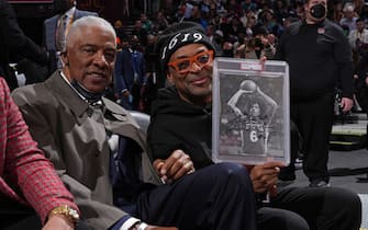 CLEVELAND, OH - FEBRUARY 19: Julius Erving poses for a photo with Spike Lee during the Taco Bell Skills Challenge as part of 2022 NBA All Star Weekend on February 19, 2022 at Rocket Mortgage FieldHouse in Cleveland, Ohio. NOTE TO USER: User expressly acknowledges and agrees that, by downloading and/or using this Photograph, user is consenting to the terms and conditions of the Getty Images License Agreement. Mandatory Copyright Notice: Copyright 2022 NBAE (Photo by Jesse D. Garrabrant/NBAE via Getty Images)
