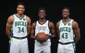 CLEVELAND, OH - FEBRUARY 19: Giannis Antetokounmpo #34, Thanasis Antetokounmpo #43 of the Milwaukee Bucks and Alex Antetokounmpo of Raptors 905 pose for a portrait before the Taco Bell Skills Challenge as part of 2022 NBA All Star Weekend on February 19, 2022 at Rocket Mortgage FieldHouse in Cleveland, Ohio. NOTE TO USER: User expressly acknowledges and agrees that, by downloading and/or using this Photograph, user is consenting to the terms and conditions of the Getty Images License Agreement. Mandatory Copyright Notice: Copyright 2022 NBAE (Photo by Jesse D. Garrabrant/NBAE via Getty Images)