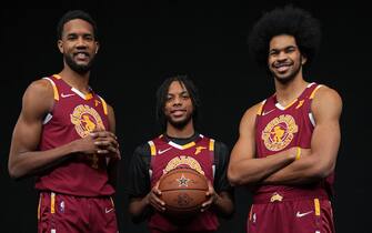 CLEVELAND, OH - FEBRUARY 19: Evan Mobley #4, Darius Garland #10 and Evan Mobley #4 of the Cleveland Cavaliers pose for a portrait before the Taco Bell Skills Challenge as part of 2022 NBA All Star Weekend on February 19, 2022 at Rocket Mortgage FieldHouse in Cleveland, Ohio. NOTE TO USER: User expressly acknowledges and agrees that, by downloading and/or using this Photograph, user is consenting to the terms and conditions of the Getty Images License Agreement. Mandatory Copyright Notice: Copyright 2022 NBAE (Photo by Jesse D. Garrabrant/NBAE via Getty Images)