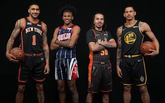 CLEVELAND, OH - FEBRUARY 19: Obi Toppin #1 of the New York Knicks, Jalen Green #0 of the Houston Rockets, Cole Anthony #50 of the Orlando Magic and Juan Toscano-Anderson #95 of the Golden State Warriors poses for a portrait during the AT&T Slam Dunk Contest as part of 2022 NBA All Star Weekend on February 19, 2022 at Rocket Mortgage FieldHouse in Cleveland, Ohio. NOTE TO USER: User expressly acknowledges and agrees that, by downloading and/or using this Photograph, user is consenting to the terms and conditions of the Getty Images License Agreement. Mandatory Copyright Notice: Copyright 2022 NBAE (Photo by Jesse D. Garrabrant/NBAE via Getty Images)