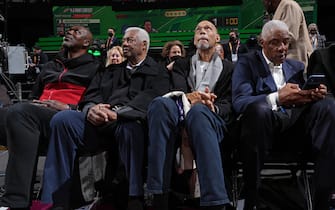 CLEVELAND, OH - FEBRUARY 19: Hakeem Olajuwon, Oscar Robinson, Kareem Abdul Jabbar and Julius Erving attend the MTN DEW 3-Point Contest as part of 2022 NBA All Star Weekend on February 19, 2022 at Rocket Mortgage FieldHouse in Cleveland, Ohio. NOTE TO USER: User expressly acknowledges and agrees that, by downloading and/or using this Photograph, user is consenting to the terms and conditions of the Getty Images License Agreement. Mandatory Copyright Notice: Copyright 2022 NBAE (Photo by Jesse D. Garrabrant/NBAE via Getty Images)