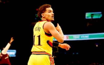 CLEVELAND, OHIO - FEBRUARY 19: Trae Young #11 of the Atlanta Hawks reacts after a shot in the 2022 NBA All-Star - MTN DEW 3-Point Contest as part of the 2022 All-Star Weekend at Rocket Mortgage Fieldhouse on February 19, 2022 in Cleveland, Ohio. NOTE TO USER: User expressly acknowledges and agrees that, by downloading and or using this photograph, User is consenting to the terms and conditions of the Getty Images License Agreement. (Photo by Tim Nwachukwu/Getty Images)