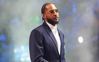CLEVELAND, OH - FEBRUARY 20: NBA Legend, Carmelo Anthony is introduced during the NBA 75th Anniversary celebration during the 2022 NBA All-Star Game as part of 2022 NBA All Star Weekend on February 20, 2022 at Rocket Mortgage FieldHouse in Cleveland, Ohio. NOTE TO USER: User expressly acknowledges and agrees that, by downloading and/or using this Photograph, user is consenting to the terms and conditions of the Getty Images License Agreement. Mandatory Copyright Notice: Copyright 2022 NBAE (Photo by Jesse D. Garrabrant/NBAE via Getty Images)