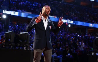 CLEVELAND, OH - FEBRUARY 20: Damian Lillard of the 75th Anniversary Team is introduced during the 2022 NBA All-Star Game as part of 2022 NBA All Star Weekend on February 20, 2022 at Rocket Mortgage FieldHouse in Cleveland, Ohio. NOTE TO USER: User expressly acknowledges and agrees that, by downloading and/or using this Photograph, user is consenting to the terms and conditions of the Getty Images License Agreement. Mandatory Copyright Notice: Copyright 2022 NBAE (Photo by Nathaniel S. Butler/NBAE via Getty Images)