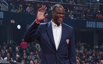 CLEVELAND, OH - FEBRUARY 20: NBA Legend, David Robinson is introduced during the NBA 75th Anniversary celebration during the 2022 NBA All-Star Game as part of 2022 NBA All Star Weekend on February 20, 2022 at Rocket Mortgage FieldHouse in Cleveland, Ohio. NOTE TO USER: User expressly acknowledges and agrees that, by downloading and/or using this Photograph, user is consenting to the terms and conditions of the Getty Images License Agreement. Mandatory Copyright Notice: Copyright 2022 NBAE (Photo by Jesse D. Garrabrant/NBAE via Getty Images)
