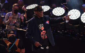 CLEVELAND, OH - FEBRUARY 20: NBA legend Dennis Rodman is introduced to the 75th anniversary team during the 2020 NBA All-Star Game as part of 2020 NBA All-Star Weekend on February 20, 2022 at Rocket Mortgage FieldHouse in Cleveland, Ohio. NOTE TO USER: User expressly acknowledges and agrees that, by downloading and or using this photograph, User is consenting to the terms and conditions of the Getty Images License Agreement. Mandatory Copyright Notice: Copyright 2022 NBAE (Photo by Joe Murphy/NBAE via Getty Images)
