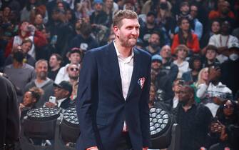 CLEVELAND, OH - FEBRUARY 20: Dirk Nowitzki of the 75th Anniversary Team is introduced during the 2022 NBA All-Star Game as part of 2022 NBA All Star Weekend on February 20, 2022 at Rocket Mortgage FieldHouse in Cleveland, Ohio. NOTE TO USER: User expressly acknowledges and agrees that, by downloading and/or using this Photograph, user is consenting to the terms and conditions of the Getty Images License Agreement. Mandatory Copyright Notice: Copyright 2022 NBAE (Photo by Nathaniel S. Butler/NBAE via Getty Images)