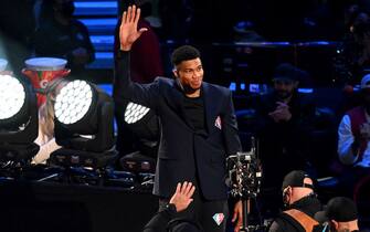 CLEVELAND, OHIO - FEBRUARY 20: Giannis Antetokounmpo reacts after being introduced as part of the NBA 75th Anniversary Team during the 2022 NBA All-Star Game at Rocket Mortgage Fieldhouse on February 20, 2022 in Cleveland, Ohio. NOTE TO USER: User expressly acknowledges and agrees that, by downloading and or using this photograph, User is consenting to the terms and conditions of the Getty Images License Agreement. (Photo by Jason Miller/Getty Images)