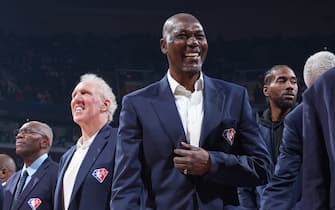 CLEVELAND, OH - FEBRUARY 20: NBA Legend, Hakeem Olajuwon is introduced during the NBA 75th Anniversary celebration during the 2022 NBA All-Star Game as part of 2022 NBA All Star Weekend on February 20, 2022 at Rocket Mortgage FieldHouse in Cleveland, Ohio. NOTE TO USER: User expressly acknowledges and agrees that, by downloading and/or using this Photograph, user is consenting to the terms and conditions of the Getty Images License Agreement. Mandatory Copyright Notice: Copyright 2022 NBAE (Photo by Jesse D. Garrabrant/NBAE via Getty Images)