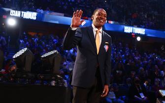 CLEVELAND, OH - FEBRUARY 20: Isiah Thomas of the 75th Anniversary Team is introduced during the 2022 NBA All-Star Game as part of 2022 NBA All Star Weekend on February 20, 2022 at Rocket Mortgage FieldHouse in Cleveland, Ohio. NOTE TO USER: User expressly acknowledges and agrees that, by downloading and/or using this Photograph, user is consenting to the terms and conditions of the Getty Images License Agreement. Mandatory Copyright Notice: Copyright 2022 NBAE (Photo by Nathaniel S. Butler/NBAE via Getty Images)