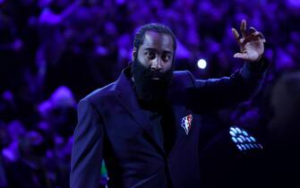 CLEVELAND, OHIO - FEBRUARY 20: James Harden reacts after being introduced as part of the NBA 75th Anniversary Team during the 2022 NBA All-Star Game at Rocket Mortgage Fieldhouse on February 20, 2022 in Cleveland, Ohio. NOTE TO USER: User expressly acknowledges and agrees that, by downloading and or using this photograph, User is consenting to the terms and conditions of the Getty Images License Agreement. (Photo by Tim Nwachukwu/Getty Images)