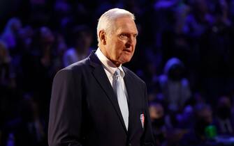 CLEVELAND, OHIO - FEBRUARY 20: Jerry West reacts after being introduced as part of the NBA 75th Anniversary Team during the 2022 NBA All-Star Game at Rocket Mortgage Fieldhouse on February 20, 2022 in Cleveland, Ohio. NOTE TO USER: User expressly acknowledges and agrees that, by downloading and or using this photograph, User is consenting to the terms and conditions of the Getty Images License Agreement. (Photo by Tim Nwachukwu/Getty Images)