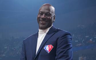 CLEVELAND, OH - FEBRUARY 20: NBA Legend, Michael Jordan is introduced during the NBA 75th Anniversary celebration during the 2022 NBA All-Star Game as part of 2022 NBA All Star Weekend on February 20, 2022 at Rocket Mortgage FieldHouse in Cleveland, Ohio. NOTE TO USER: User expressly acknowledges and agrees that, by downloading and/or using this Photograph, user is consenting to the terms and conditions of the Getty Images License Agreement. Mandatory Copyright Notice: Copyright 2022 NBAE (Photo by Jesse D. Garrabrant/NBAE via Getty Images)