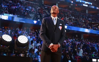 CLEVELAND, OH - FEBRUARY 20: Ray Allen of the 75th Anniversary Team is introduced during the 2022 NBA All-Star Game as part of 2022 NBA All Star Weekend on February 20, 2022 at Rocket Mortgage FieldHouse in Cleveland, Ohio. NOTE TO USER: User expressly acknowledges and agrees that, by downloading and/or using this Photograph, user is consenting to the terms and conditions of the Getty Images License Agreement. Mandatory Copyright Notice: Copyright 2022 NBAE (Photo by Nathaniel S. Butler/NBAE via Getty Images)