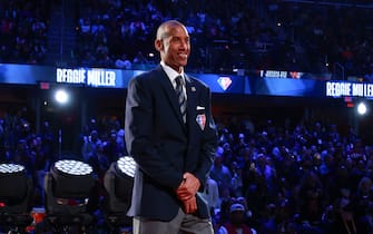 CLEVELAND, OH - FEBRUARY 20: Reggie Miller of the 75th Anniversary Team is introduced during the 2022 NBA All-Star Game as part of 2022 NBA All Star Weekend on February 20, 2022 at Rocket Mortgage FieldHouse in Cleveland, Ohio. NOTE TO USER: User expressly acknowledges and agrees that, by downloading and/or using this Photograph, user is consenting to the terms and conditions of the Getty Images License Agreement. Mandatory Copyright Notice: Copyright 2022 NBAE (Photo by Nathaniel S. Butler/NBAE via Getty Images)