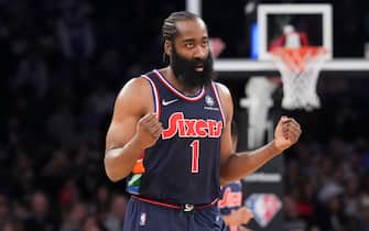 NEW YORK, NY - FEBRUARY 27: James Harden #1 of the Philadelphia 76ers reacts to a play during the game against the New York Knicks on February 27, 2022 at Madison Square Garden in New York City, New York.  NOTE TO USER: User expressly acknowledges and agrees that, by downloading and or using this photograph, User is consenting to the terms and conditions of the Getty Images License Agreement. Mandatory Copyright Notice: Copyright 2022 NBAE  (Photo by Jesse D. Garrabrant/NBAE via Getty Images)