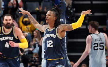 MEMPHIS, TN - FEBRUARY 28: Ja Morant #12 of the Memphis Grizzlies celebrates during the game against the San Antonio Spurs on February 28, 2022 at FedExForum in Memphis, Tennessee. NOTE TO USER: User expressly acknowledges and agrees that, by downloading and or using this photograph, User is consenting to the terms and conditions of the Getty Images License Agreement. Mandatory Copyright Notice: Copyright 2022 NBAE (Photo by Joe Murphy/NBAE via Getty Images)