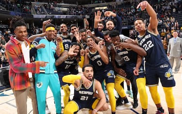 MEMPHIS, TN - FEBRUARY 28: Ja Morant #12 and the Memphis Grizzlies celebrate a 50 point night after the game against the San Antonio Spurs on February 28, 2022 at FedExForum in Memphis, Tennessee. NOTE TO USER: User expressly acknowledges and agrees that, by downloading and or using this photograph, User is consenting to the terms and conditions of the Getty Images License Agreement. Mandatory Copyright Notice: Copyright 2022 NBAE (Photo by Joe Murphy/NBAE via Getty Images)