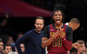 PHILADELPHIA, PA - MARCH 04: Darius Garland #10 of the Cleveland Cavaliers reacts in the first half of the game against the Philadelphia 76ers at the Wells Fargo Center on March 4, 2022 in Philadelphia, Pennsylvania. NOTE TO USER: User expressly acknowledges and agrees that, by downloading and or using this photograph, User is consenting to the terms and conditions of the Getty Images License Agreement. (Photo by Mitchell Leff/Getty Images)