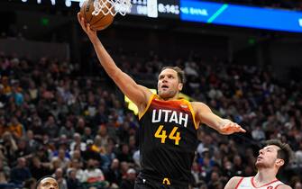 SALT LAKE CITY, UTAH - MARCH 09: Bojan Bogdanovic #44 of the Utah Jazz shoots over Drew Eubanks #24 of the Portland Trail Blazers during the first half of a game at Vivint Smart Home Arena on March 09, 2022 in Salt Lake City, Utah. NOTE TO USER: User expressly acknowledges and agrees that, by downloading and or using this photograph, User is consenting to the terms and conditions of the Getty Images License Agreement. (Photo by Alex Goodlett/Getty Images)