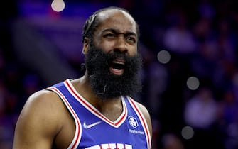PHILADELPHIA, PENNSYLVANIA - MARCH 10:  James Harden #1 of the Philadelphia 76ers reacts in the first quarter against the Brooklyn Nets at Wells Fargo Center on March 10, 2022 in Philadelphia, Pennsylvania. NOTE TO USER: User expressly acknowledges and agrees that, by downloading and or using this photograph, User is consenting to the terms and conditions of the Getty Images License Agreement. (Photo by Elsa/Getty Images)