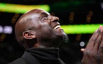 BOSTON, MA - MARCH 13: Former Boston Celtics Player, Kevin Garnett looks on during the game between the Dallas Mavericks and Boston Celtics on March 13, 2022 at the TD Garden in Boston, Massachusetts.  NOTE TO USER: User expressly acknowledges and agrees that, by downloading and or using this photograph, User is consenting to the terms and conditions of the Getty Images License Agreement. Mandatory Copyright Notice: Copyright 2022 NBAE  (Photo by Brian Babineau/NBAE via Getty Images)