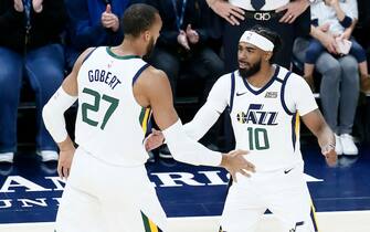 SALT LAKE CITY, UT - FEBRUARY 22: Mike Conley #10 of the Utah Jazz celebrates with Rudy Gobert #27 of the Utah Jazz during a game at the Vivint Smart Home Arena on February 22, 2020 in Salt Lake City, UT. NOTE TO USER: User expressly acknowledges and agrees that, by downloading and or using this photograph, User is consenting to the terms and conditions of the Getty Images License Agreement. Mandatory Credit: 2020 NBAE (Photo by Chris Elise/NBAE via Getty Images)