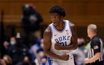 DURHAM, NORTH CAROLINA - JANUARY 08: A.J. Griffin #21 of the Duke Blue Devils reacts after making a three-point basket against the Miami Hurricanes during the first half of their game at Cameron Indoor Stadium on January 08, 2022 in Durham, North Carolina. (Photo by Grant Halverson/Getty Images)