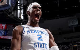 MEMPHIS, TN - MARCH 6: Jalen Duren #2 of the Memphis Tigers celebrates against the Houston Cougars during a game on March 6, 2022 at FedExForum in Memphis, Tennessee. Memphis defeated Houston 75-61. (Photo by Joe Murphy/Getty Images)