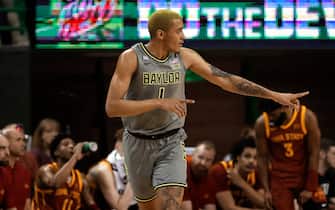 WACO, TX - MARCH 5: Jeremy Sochan #1 of the Baylor Bears reacts after making a three point basket against the Iowa State Cyclones in the first half at the Ferrell Center on March 5, 2022 in Waco, Texas. (Photo by Ron Jenkins/Getty Images) 