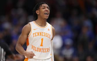 TAMPA, FL - MARCH 12: Tennessee Volunteers guard Kennedy Chandler (1) celebrates with seconds left and the les during the SEC Tournament between the Kentucky Wildcats and the Tennessee Volunteers on Thursday, March 11, 2022 at the Amalie Arena in Tampa, FL (Photo by Peter Joneleit/Icon Sportswire via Getty Images)