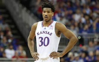 KANSAS CITY, MO - MARCH 12: Kansas Jayhawks guard Ochai Agbaji (30) in the first half of the Big 12 Tournament championship game between the Texas Tech Red Raiders and Kansas Jayhawks on Mar 12, 2022 at T-Mobile Arena in Kansas City, MO. (Photo by Scott Winters/Icon Sportswire)