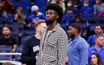 ORLANDO, FLORIDA - NOVEMBER 13: Jonathan Isaac #1 of the Orlando Magic looks on prior to the game against the Washington Wizards at Amway Center on November 13, 2021 in Orlando, Florida. NOTE TO USER: User expressly acknowledges and agrees that, by downloading and or using this photograph, User is consenting to the terms and conditions of the Getty Images License Agreement.  (Photo by Michael Reaves/Getty Images)