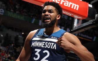MINNEAPOLIS, MN - MARCH 16: Karl-Anthony Towns #32 of the Minnesota Timberwolves celebrates during the game against the Los Angeles Lakers on March 16, 2022 at Target Center in Minneapolis, Minnesota. NOTE TO USER: User expressly acknowledges and agrees that, by downloading and or using this Photograph, user is consenting to the terms and conditions of the Getty Images License Agreement. Mandatory Copyright Notice: Copyright 2022 NBAE (Photo by David Sherman/NBAE via Getty Images)
