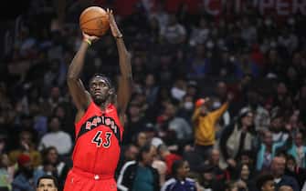 LOS ANGELES, CALIFORNIA - MARCH 16: Pascal Siakam #43 of the Toronto Raptors makes a three point basket in the first half against the LA Clippers at Crypto.com Arena on March 16, 2022 in Los Angeles, California. NOTE TO USER: User expressly acknowledges and agrees that, by downloading and or using this photograph, User is consenting to the terms and conditions of the Getty Images License Agreement. (Photo by Meg Oliphant/Getty Images)